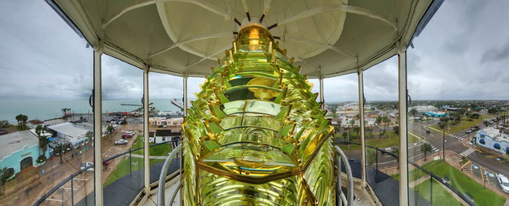 A view of the 3rd Order Fresnel Lens in the top of the Port Isabel Lighthouse. Visitors will have the opportunity to see this beautiful lamp up close but are asked to not touch as it will damage the surfaces.